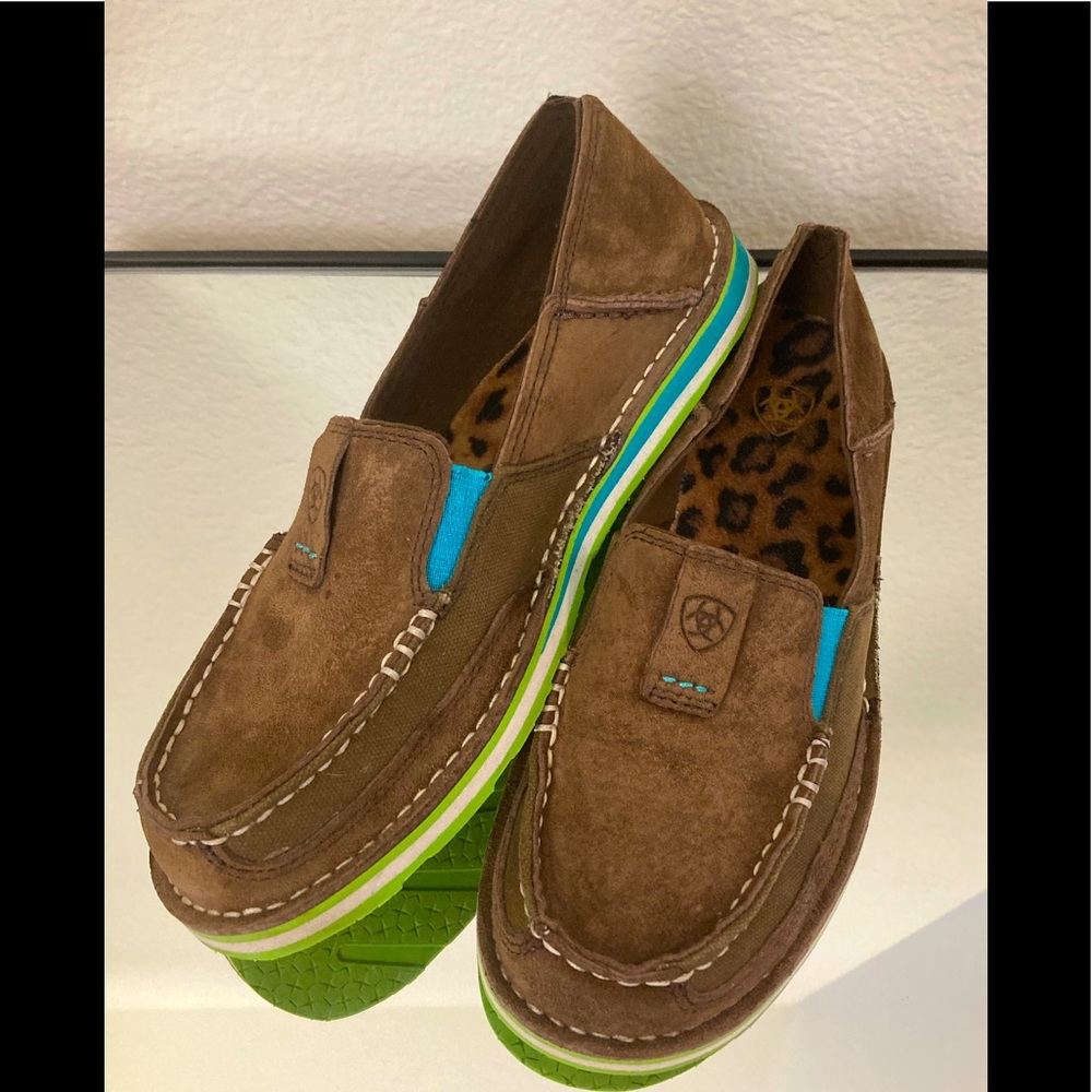 Ariat slip on suede brown and green and turquoise